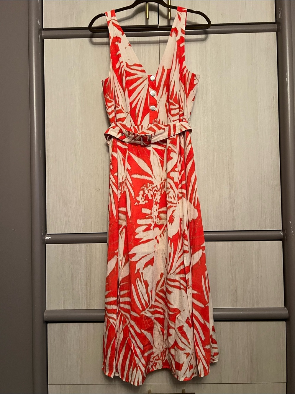 DKNY Red and Cream Printed Belted Midi Dress